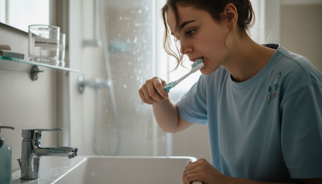 Donna che mostra come inclinare lo spazzolino sulle gengive