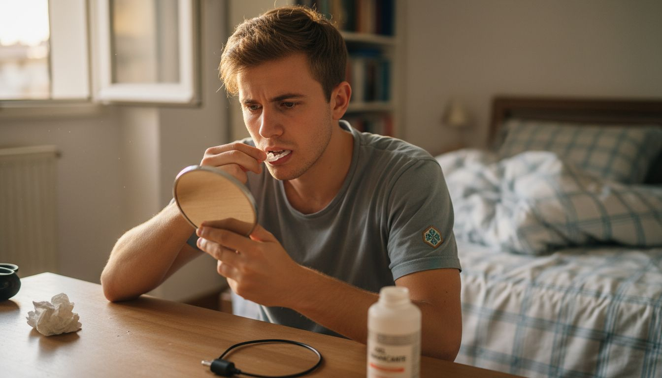 Un uomo seduto alla scrivania indossa una mascherina sbiancante per i denti mentre lavora.