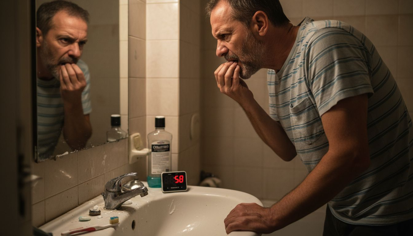 Uomo che si guarda allo specchio per controllare il risultato dello sbiancamento dei denti