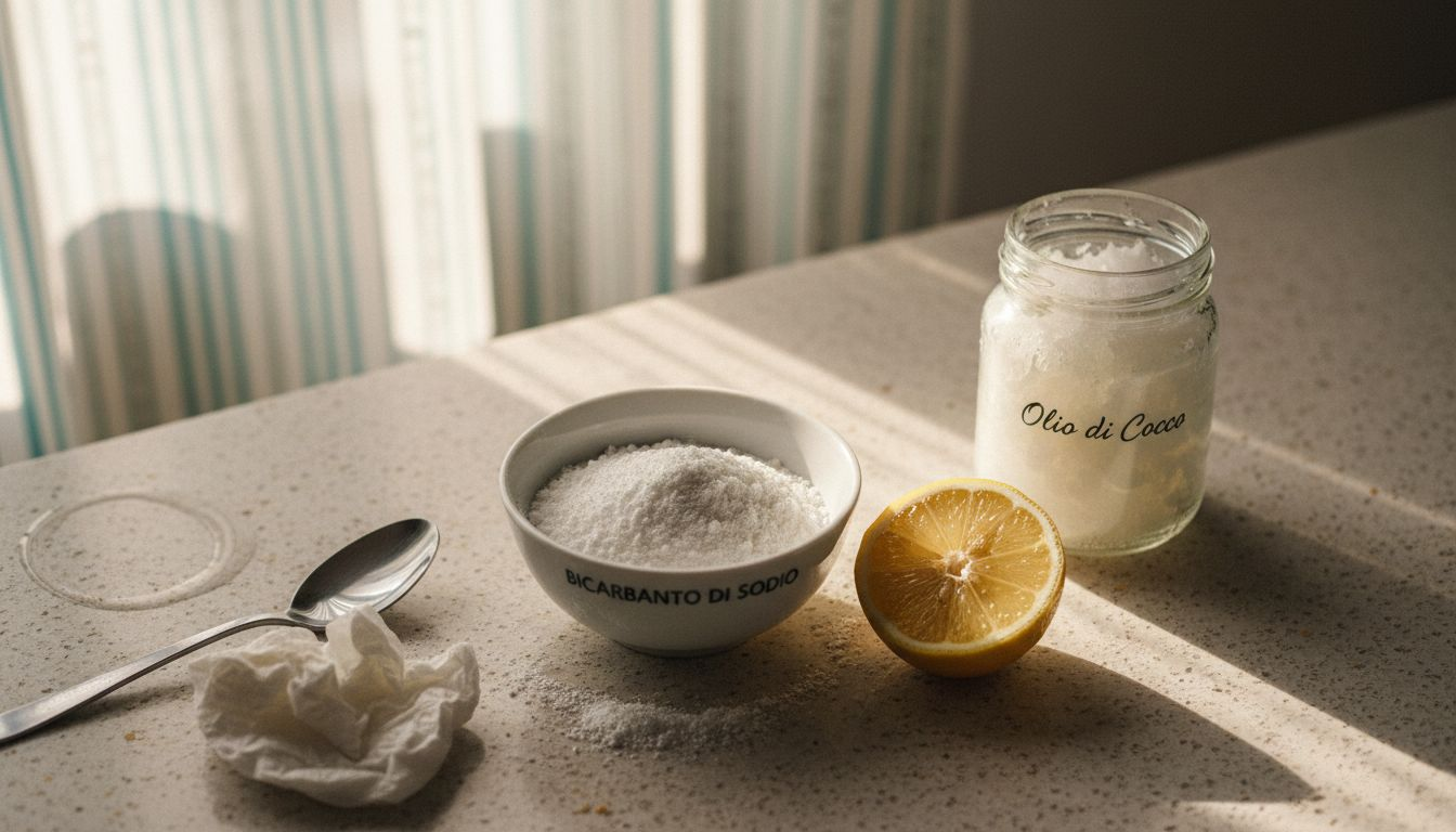 Sul piano della cucina ci sono bicarbonato, limone e olio di cocco.