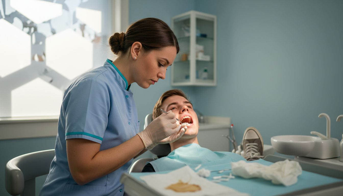 L’igienista dentale controlla la bocca dopo la rimozione del tartaro per assicurarsi che i denti siano perfettamente puliti.