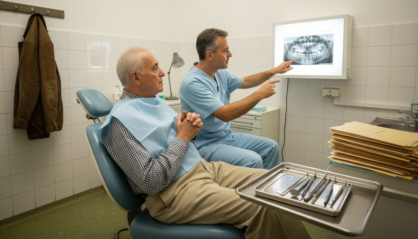 Il dentista mostra la radiografia dentale a un paziente anziano, spiegandogli i risultati in modo chiaro e rassicurante.