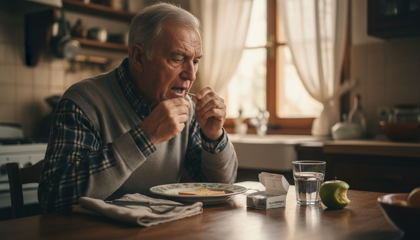 Un uomo si pulisce l’impianto dentale con lo scovolino direttamente a tavola.
