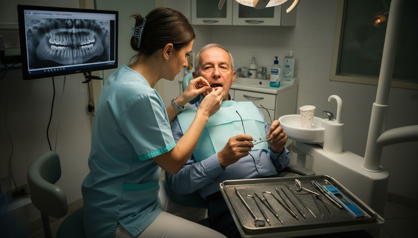 Il dentista visita il paziente per controllare l’impianto dentale e assicurarsi che tutto sia in ordine.