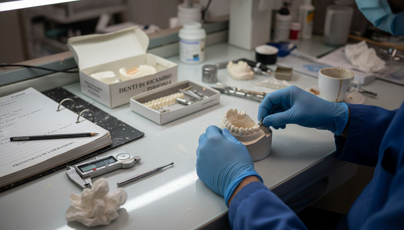 Tecnico odontotecnico alle prese con la regolazione di una protesi dentale fissa