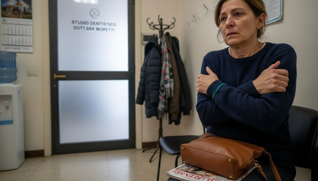 Donna che manifesta segni di ansia prima di andare dal dentista