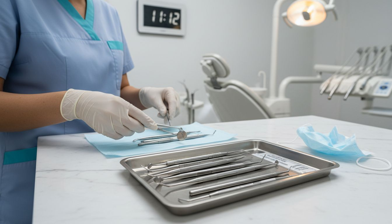 L’assistente dentale prepara gli strumenti necessari per l’intervento di implantologia.