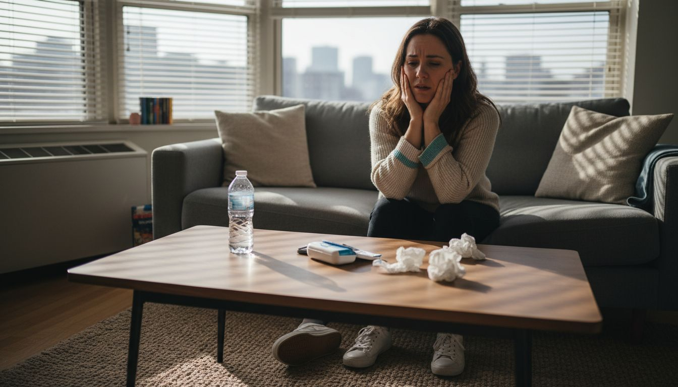 Donna che prova fastidio ai denti mentre è a casa