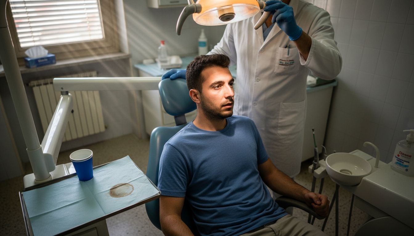Un uomo stringe con forza i braccioli della poltrona del dentista durante la visita