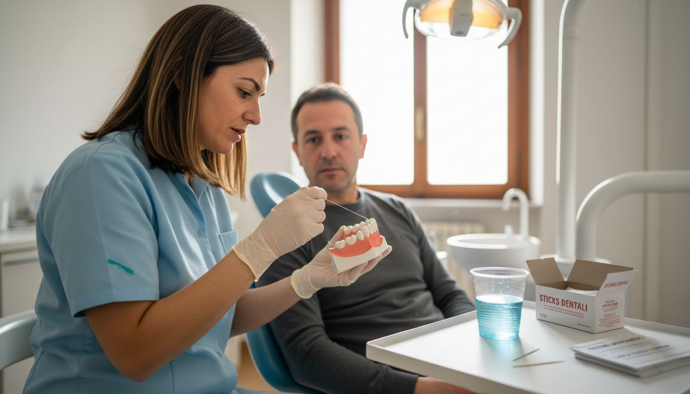 L'igienista dentale illustra al paziente le corrette tecniche per prendersi cura della propria bocca.