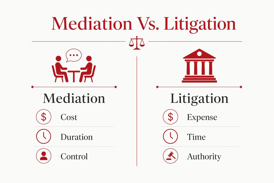 Role of Mediator in Family Court: A Parent's Guide Infographic comparing mediation and litigation factors