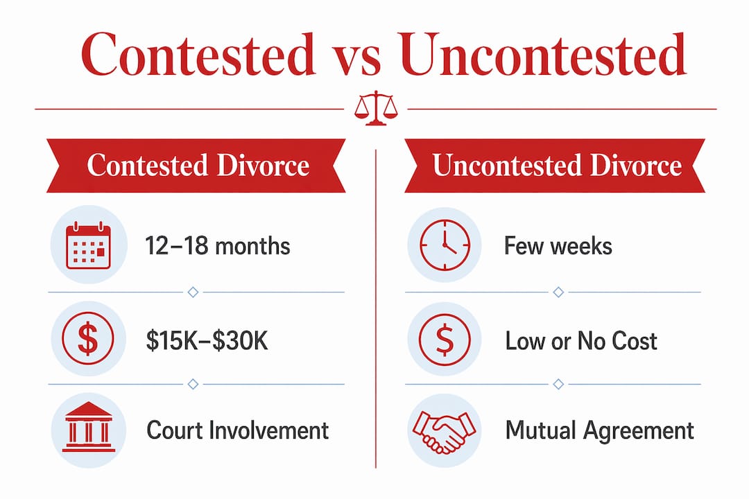What Is Contested Divorce? A Clear Guide for You Infographic comparing contested and uncontested divorce timelines and costs
