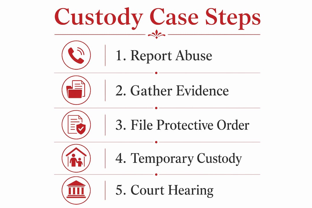 How Domestic Violence Affects Custody: 2026 Guide Infographic illustrating custody case steps involving domestic violence