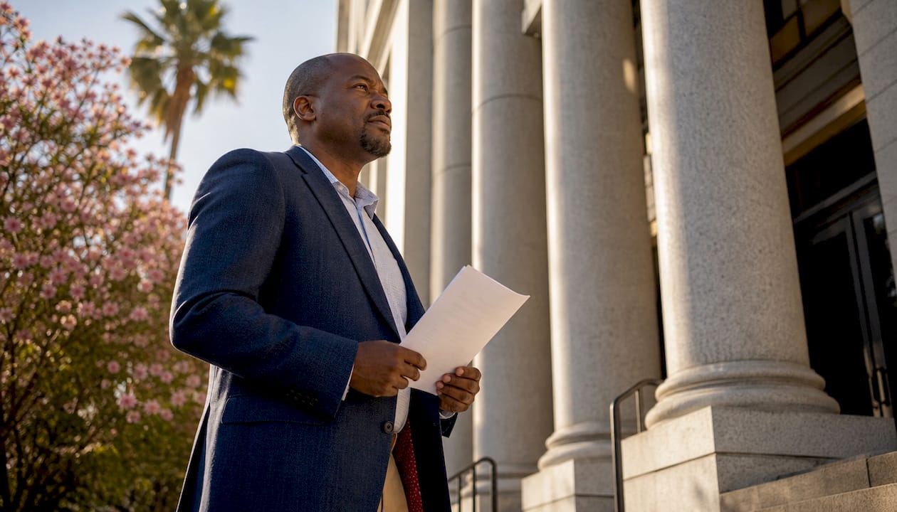 Man submitting petition at courthouse clerk window