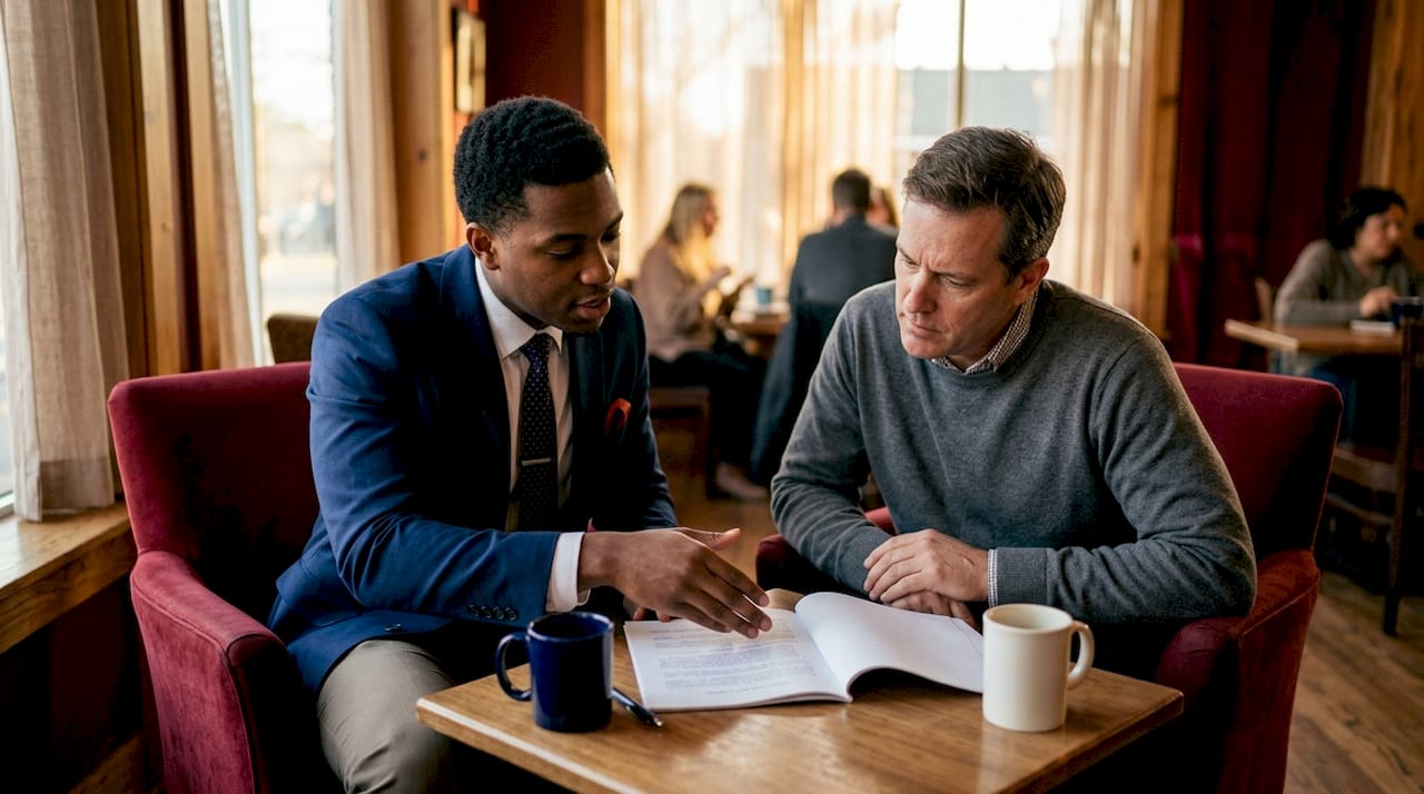 Attorney advising client during mediation preparation