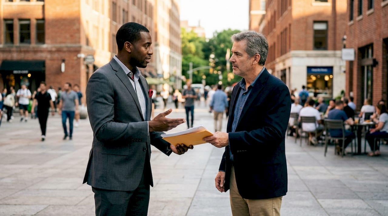 Lawyer serving legal documents outside courthouse