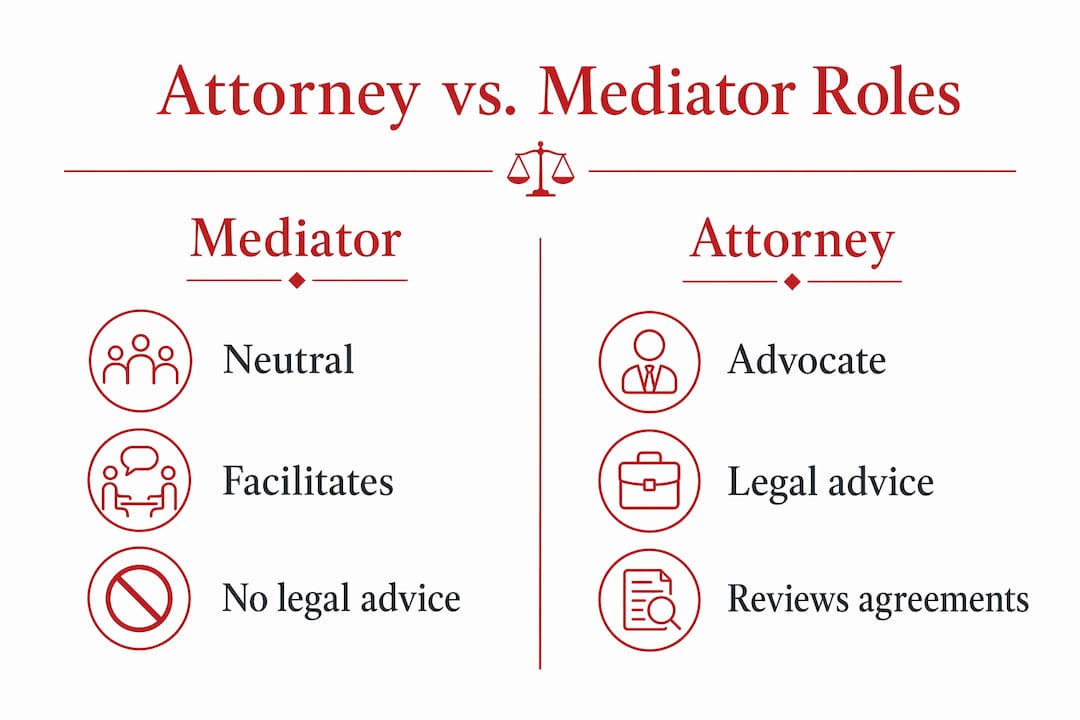 The Role of Attorney Family Mediation Explained Infographic comparing attorney and mediator roles