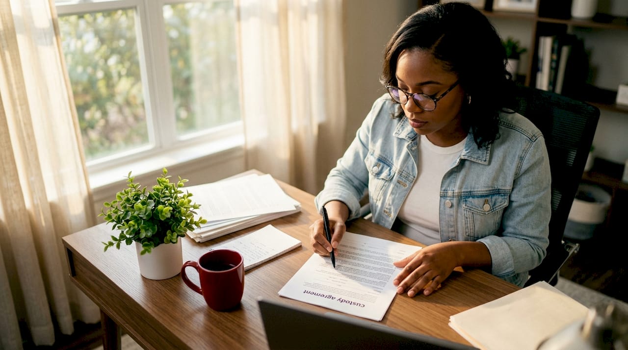 Types of Child Custody Arrangements: A California Parent's Guide Woman reviewing legal custody documents in home office