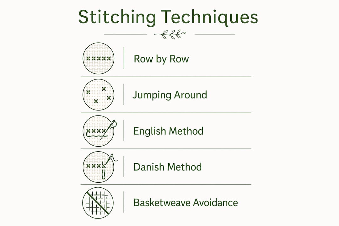 Infographic detailing variegated floss stitching techniques in steps