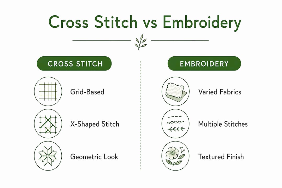 Infographic comparing cross stitch and embroidery key differences