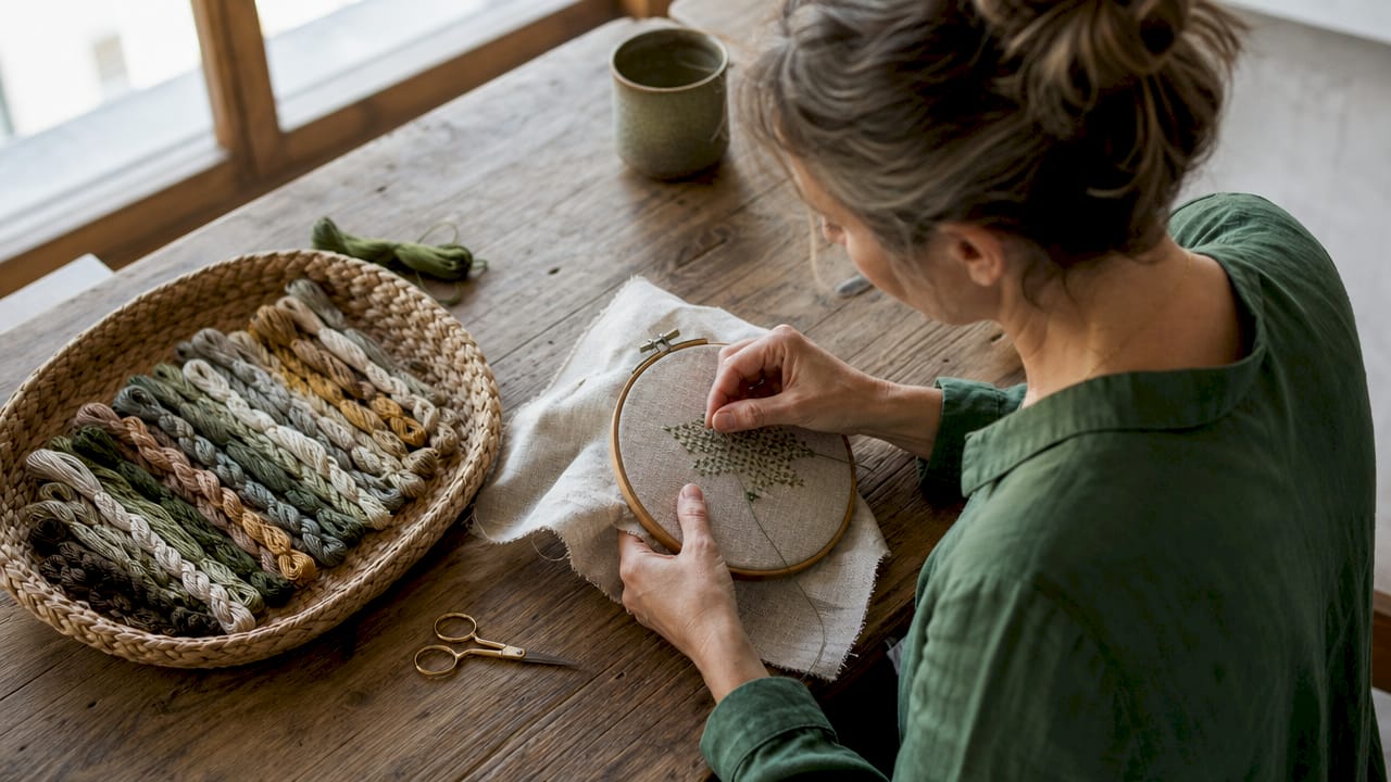 Woman stitching cross stitches using English method - How to Stitch with Variegated Floss