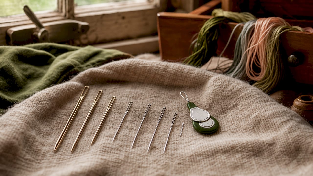 Variety of embroidery and tapestry needles on linen - Cross Stitch vs Embroidery Differences Explained