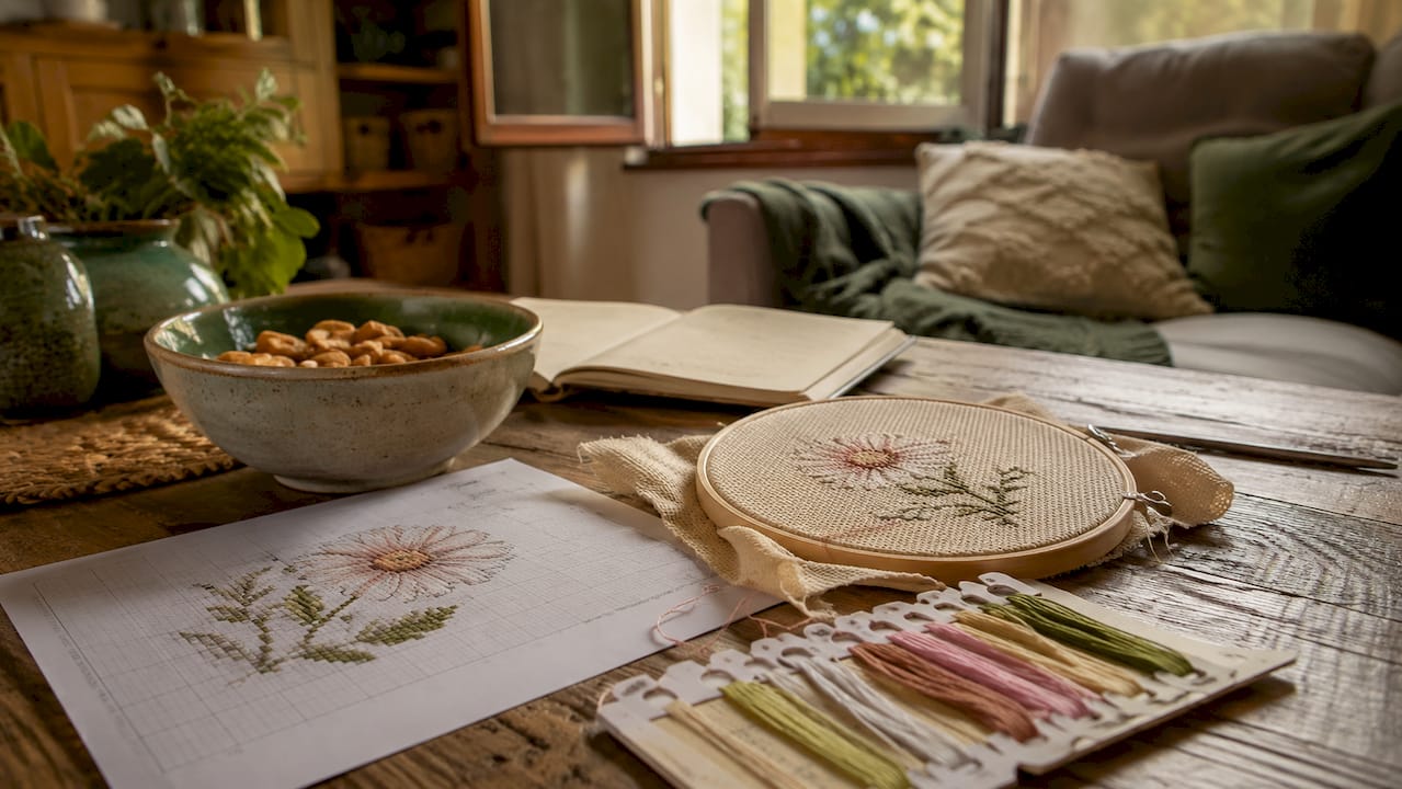 Close-up of beginner floral cross stitch kit and pattern - Floral Cross Stitch Designs