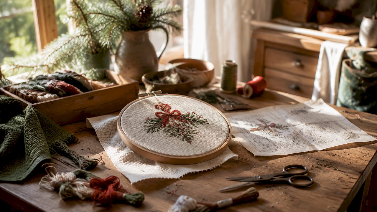Quick Cross Stitch Gift Project Examples for Any Occasion Overhead of holiday cross stitch ornament craft workspace