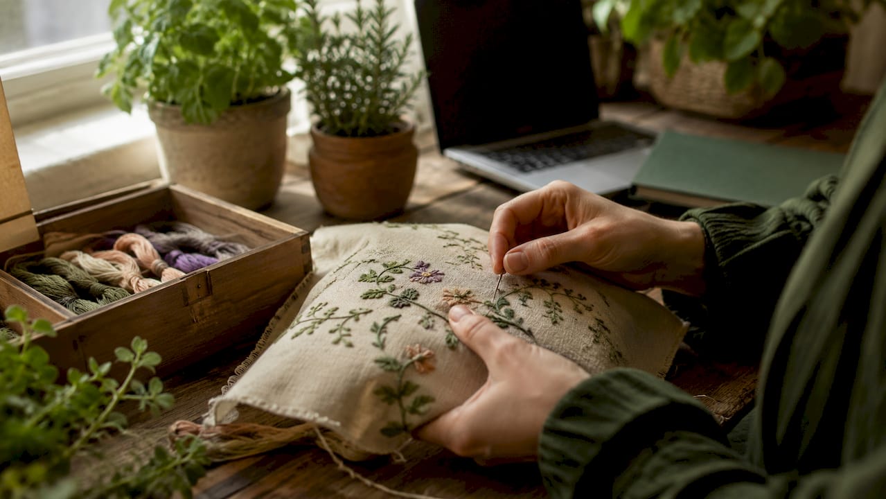 Close-up hands stitching botanical embroidery outdoors