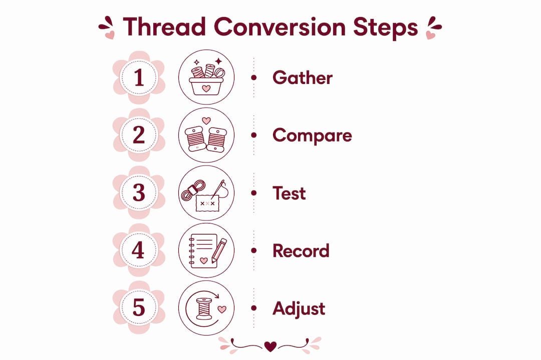 Infographic illustrating steps for embroidery thread brand conversion