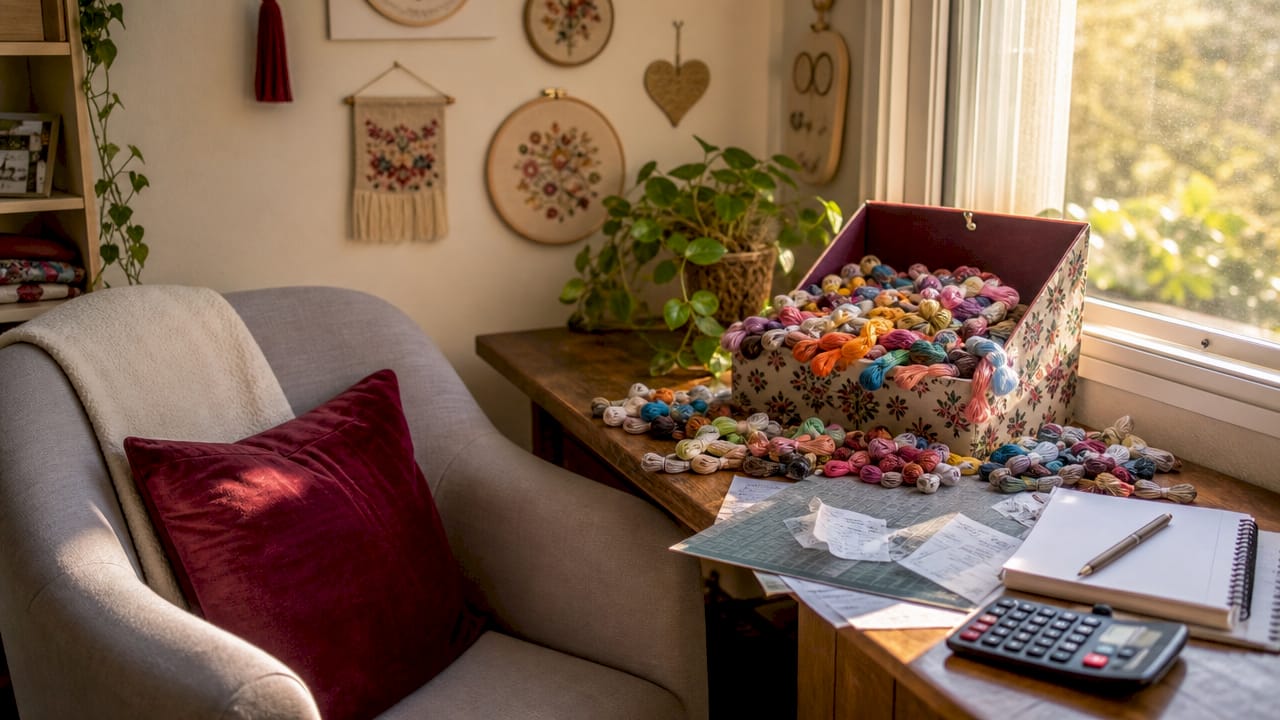 Overhead view of thread skeins and budgeting tools