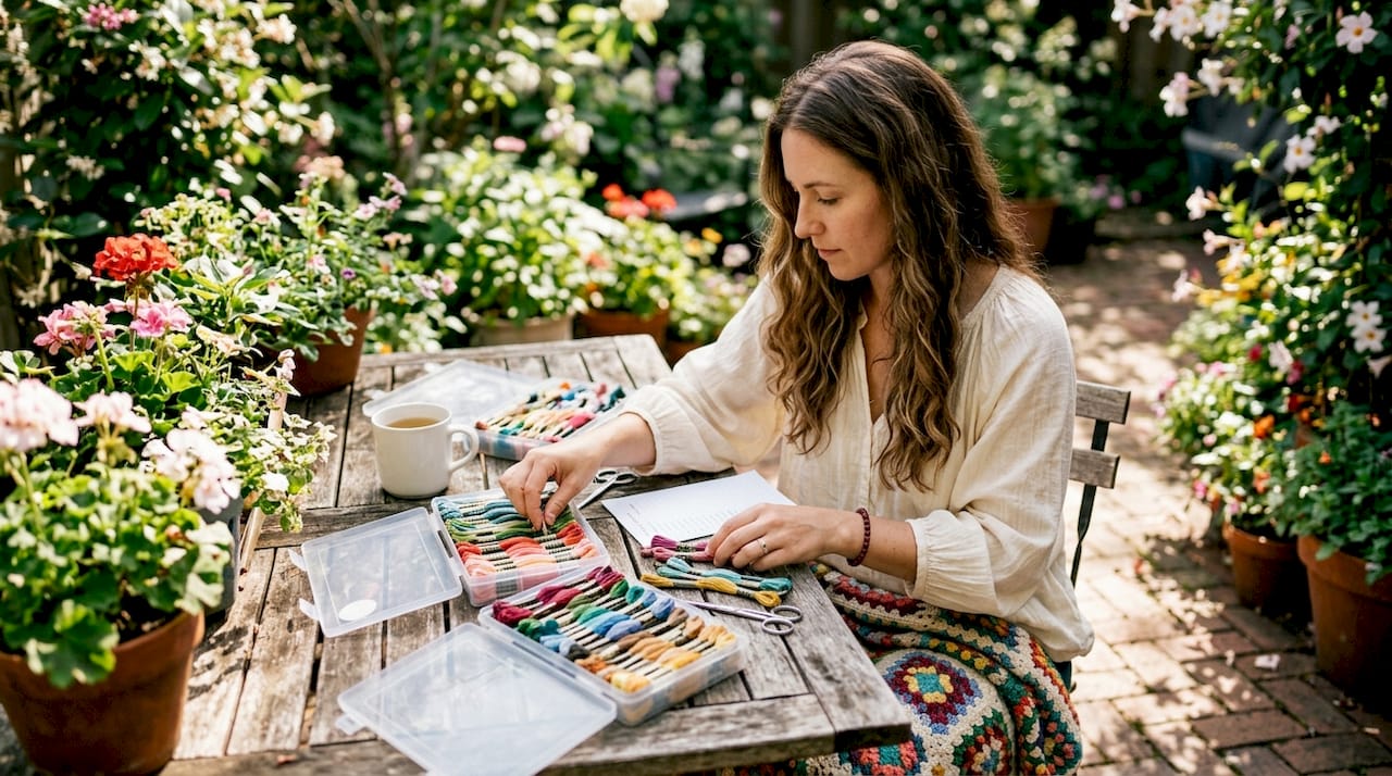 Crafter organizing embroidery thread at home table