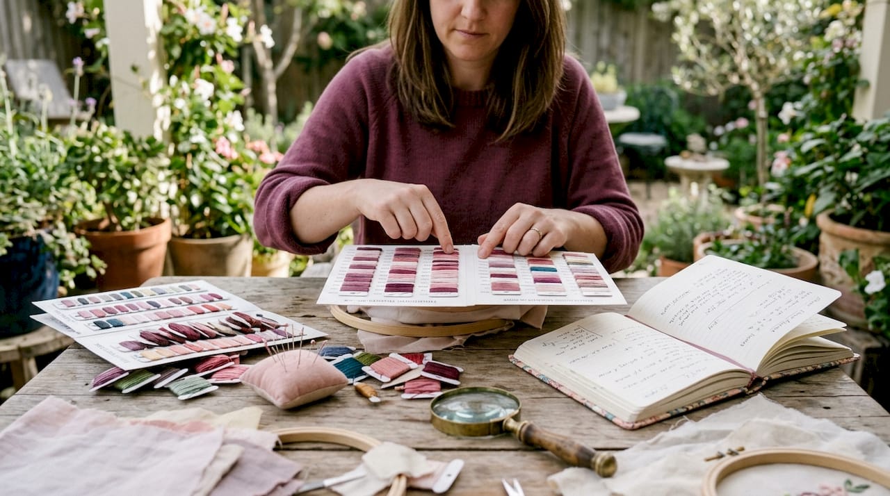Crafter comparing embroidery thread shade cards at home studio