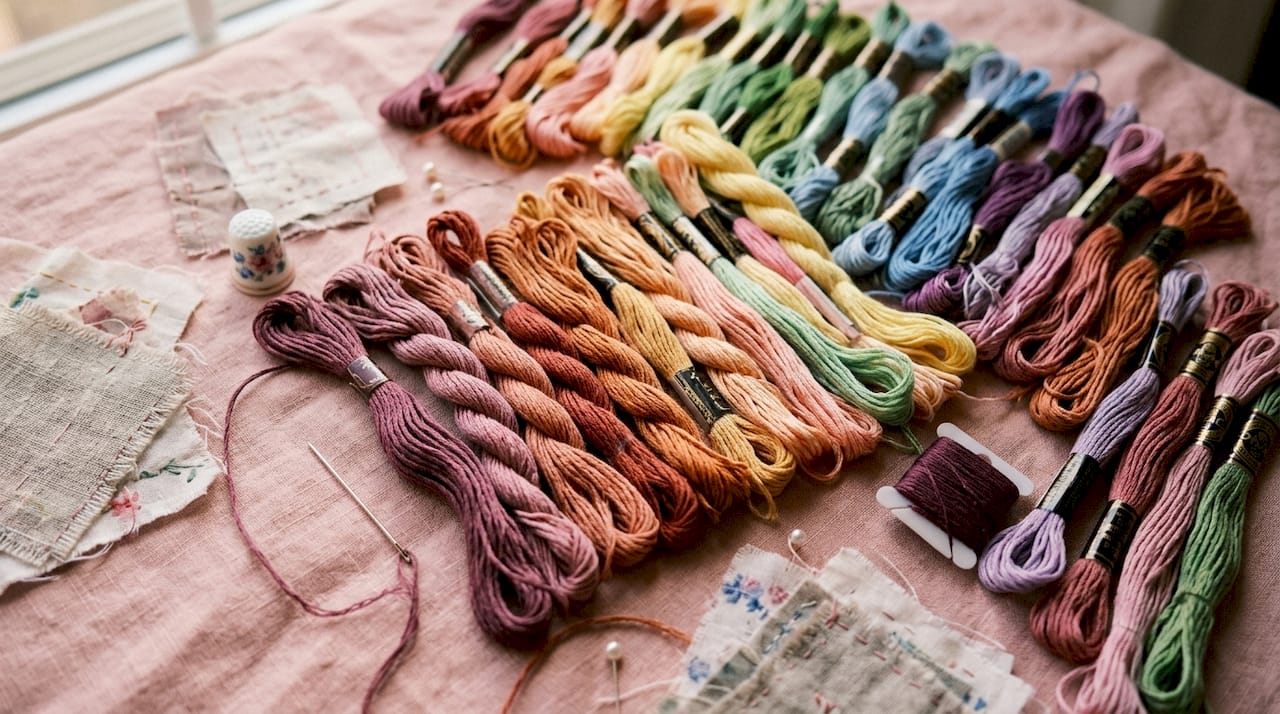 Close-up of cotton embroidery threads on wood surface