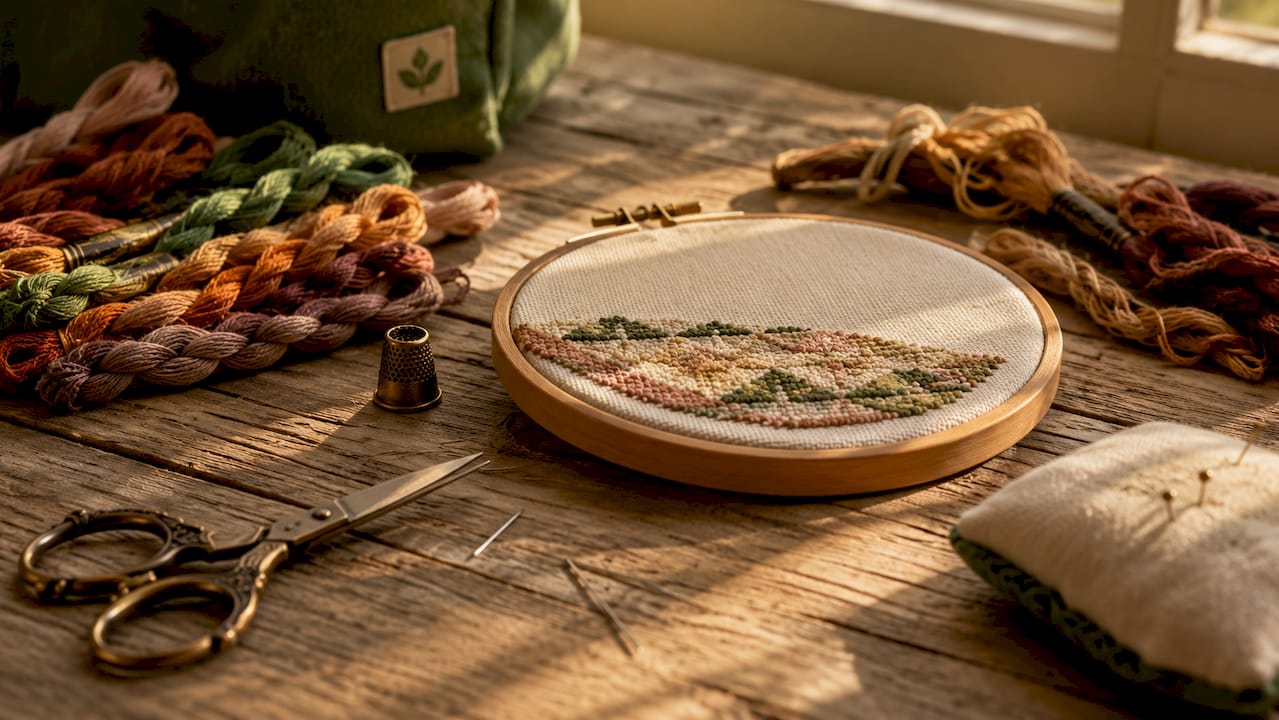Needlepoint materials and tools laid out neatly