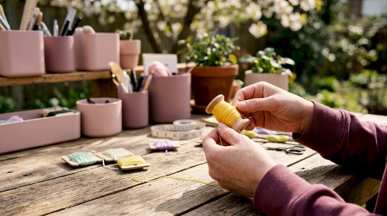 Hands securing thread tail on bobbin