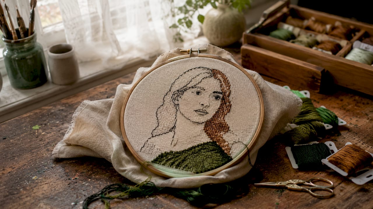 Cross stitch portrait with outlining details