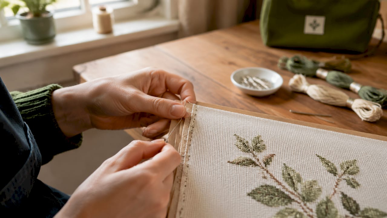 Close-up of hands lacing cross stitch fabric