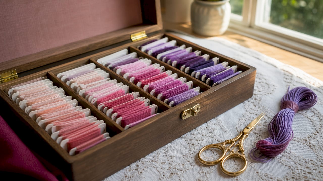 Organized thread bobbins in labeled storage box