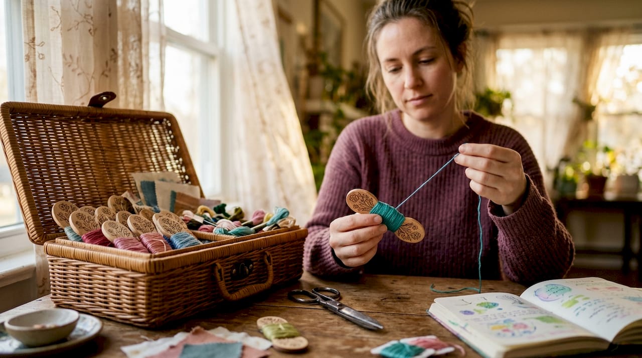 Woman winding embroidery thread onto bobbins