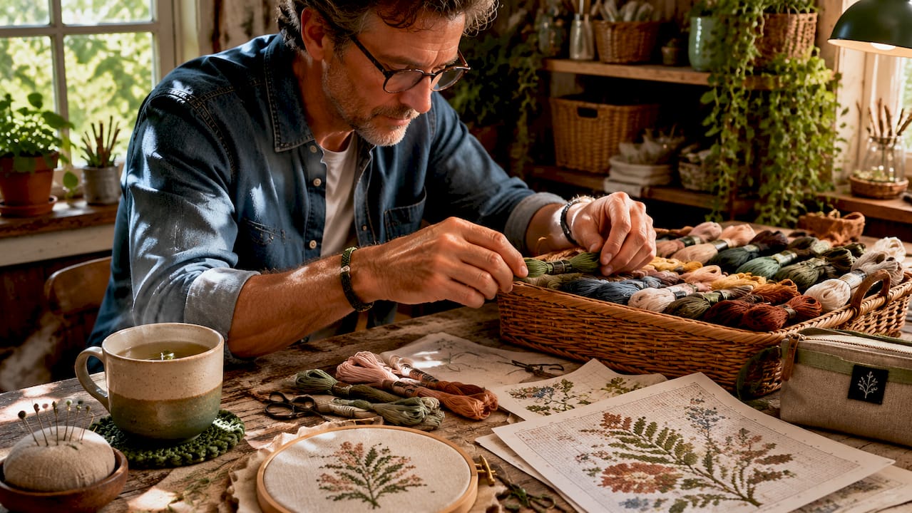 Man organizing embroidery threads and patterns