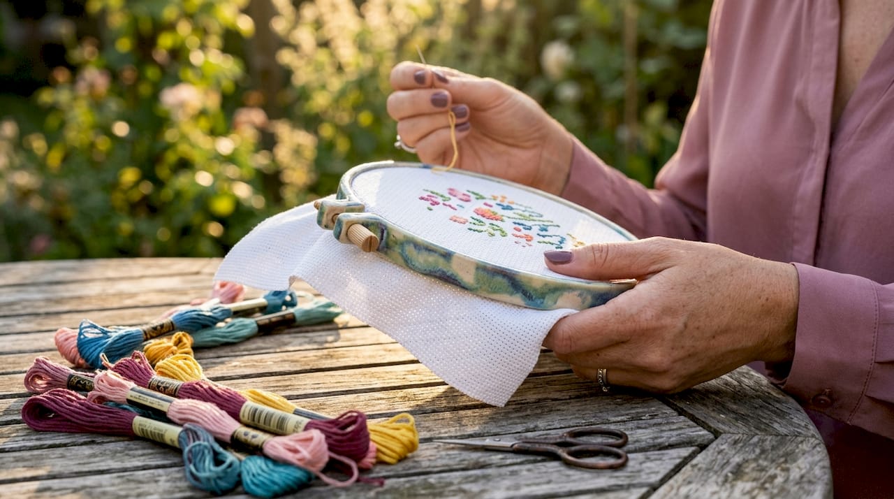 Close-up of Aida fabric in embroidery hoop