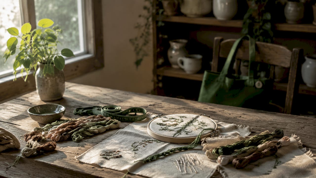 Embroidery materials laid out on wooden table