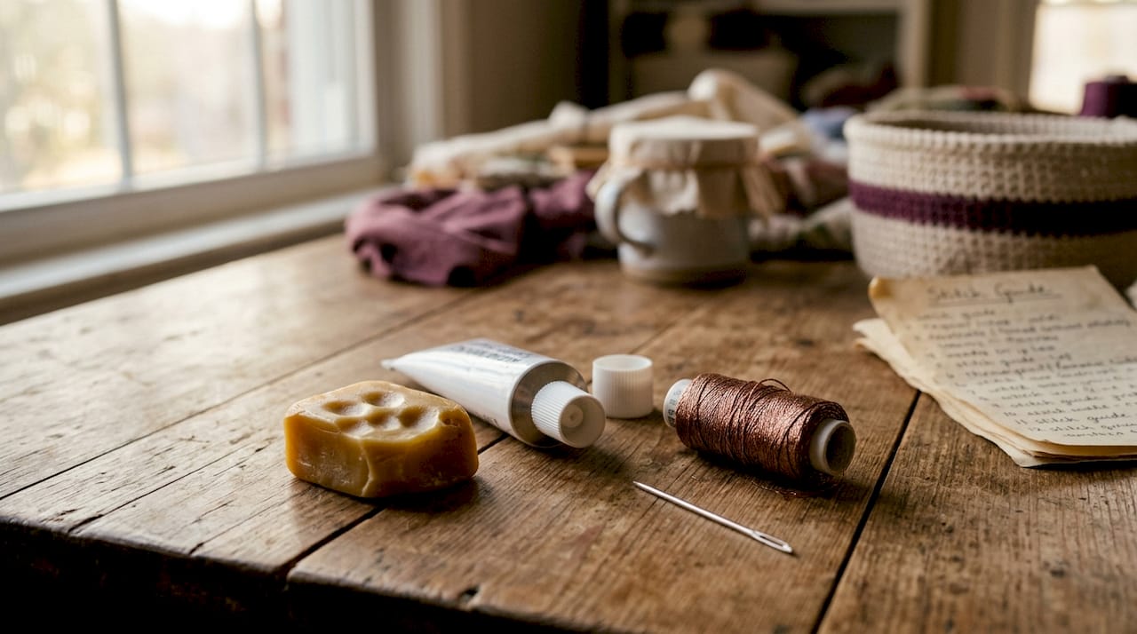 Close-up of thread conditioners and metallic thread tools