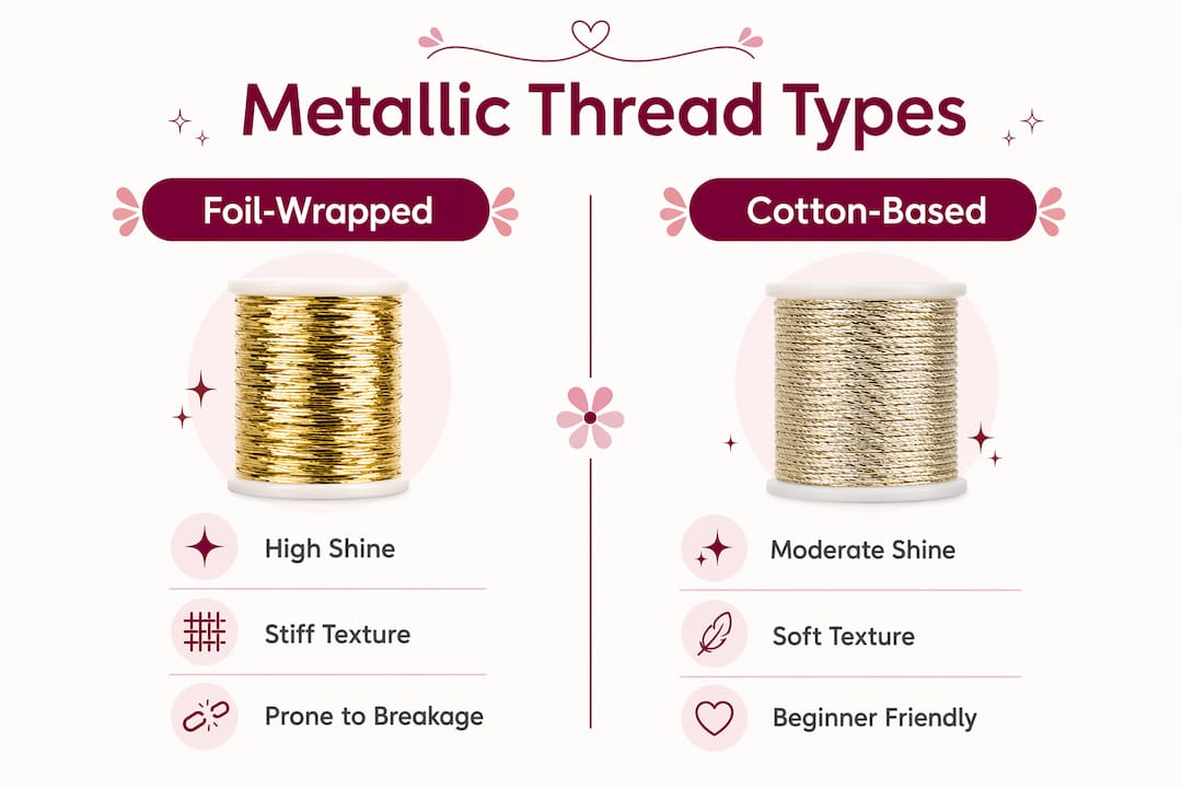 Infographic comparing foil-wrapped and cotton-based metallic threads