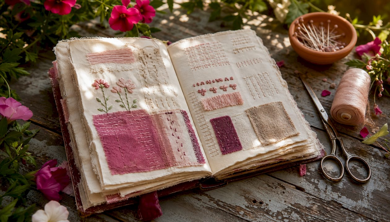 Close-up of fabric stitching journal with embroidery samples