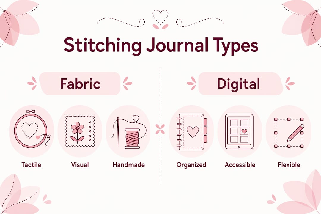 Infographic comparing fabric and digital stitching journals