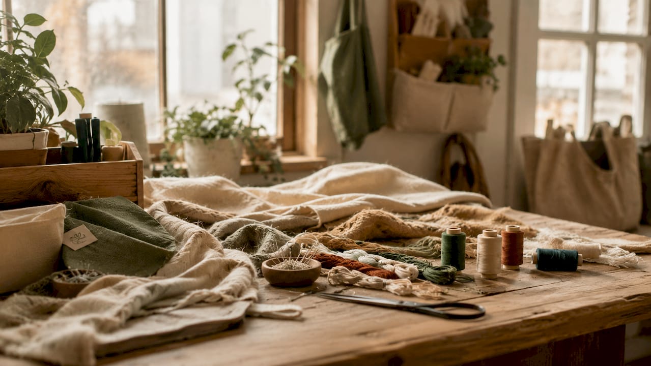 Natural fabric scraps and sewing tools on table
