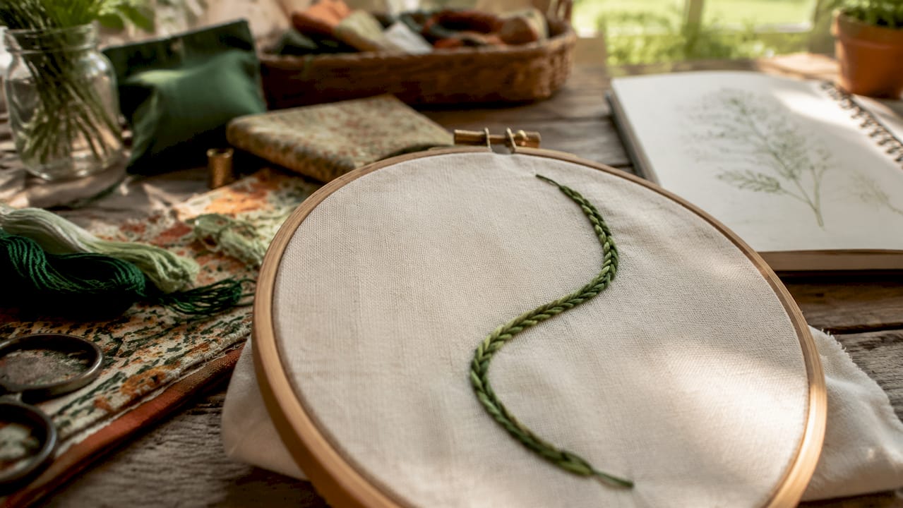 Close-up of curved stem stitch on fabric