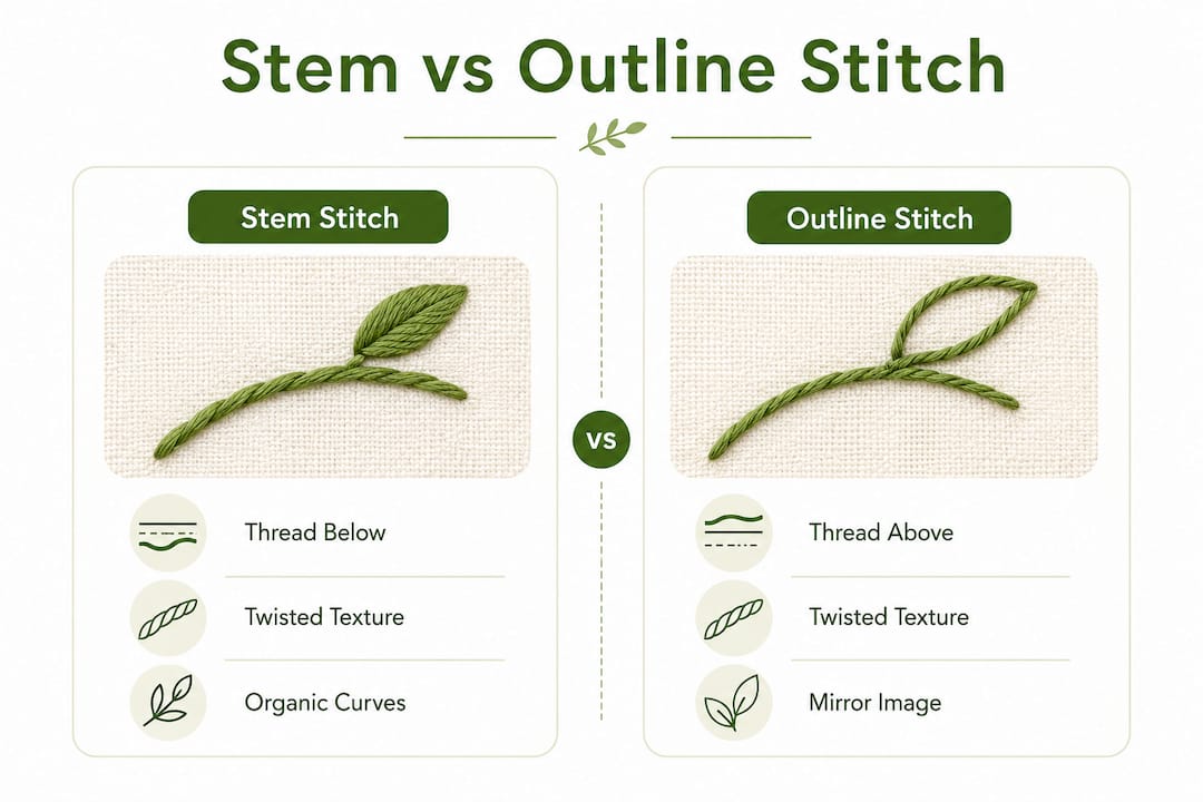 Infographic comparing stem stitch and outline stitch